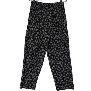 Vintage Blue- Pants Womens L 90s Rayon‎ Floral Elastic Waist Wide Leg Boho Black